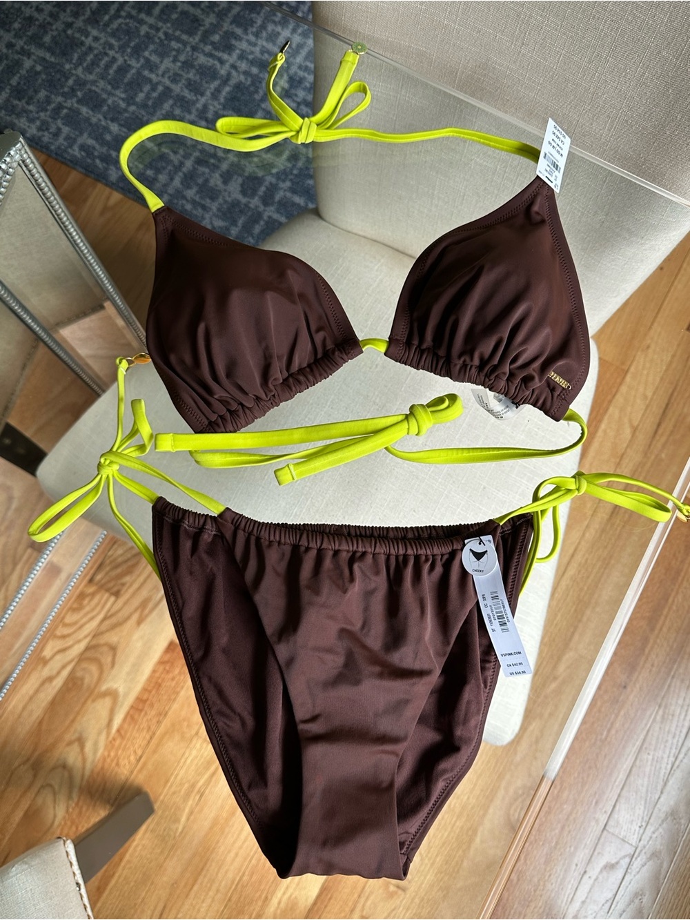 ✨NWT✨ PINK - Brown Bikini with Neon Yellow Trim 
Sold as a Set